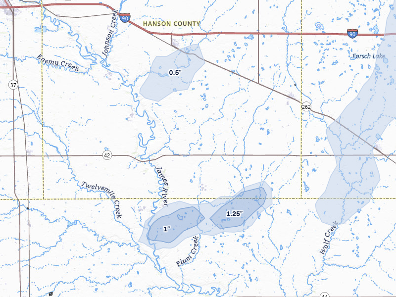 NEXRAD radar-signature map of the hail storm over Alexandria, SD on Jun 27, 2026