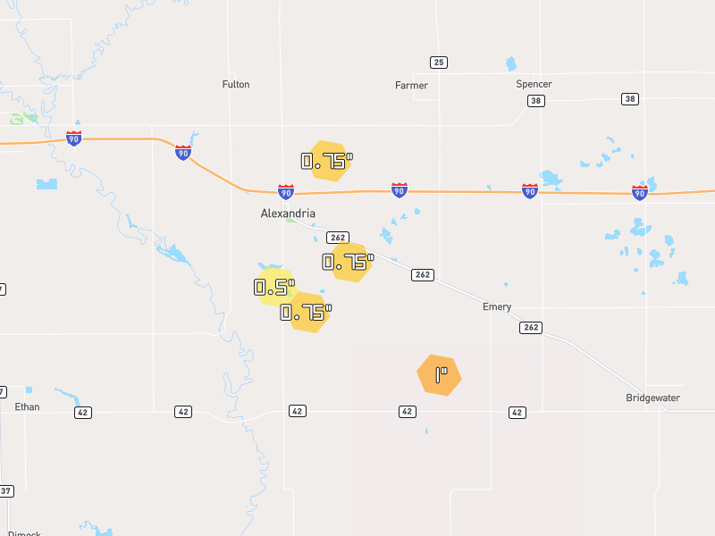 Hail map of Alexandria, SD on Jul 1, 2026, hail up to 1"