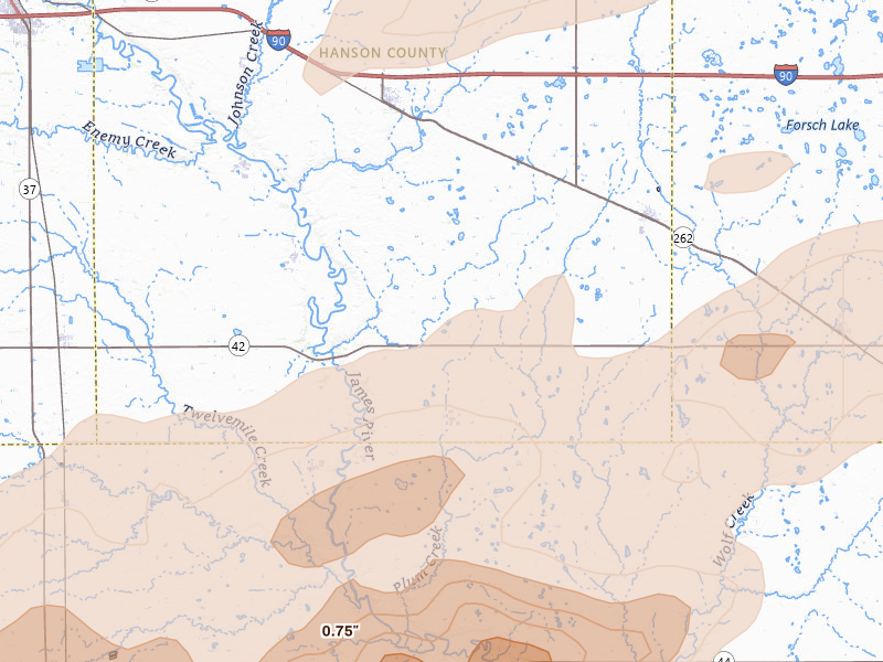 Radar-estimated hail-size map of the storm over Alexandria, SD on Jul 2, 2026