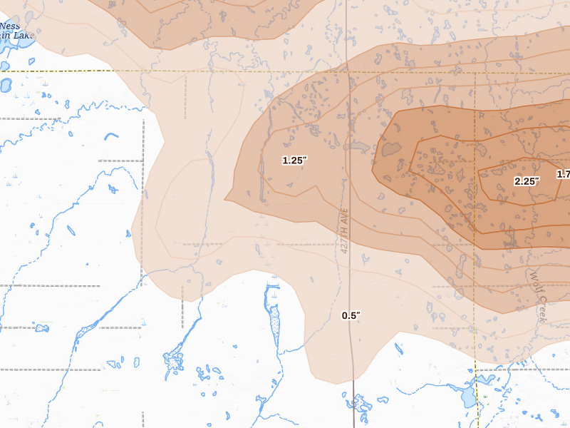 Radar-estimated hail-size map of the storm over Alexandria, SD on Aug 6, 2026