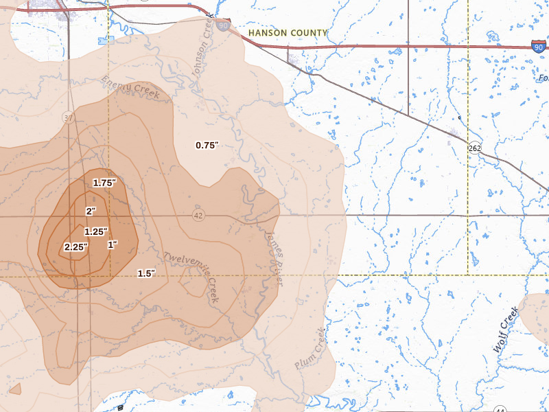 Radar-estimated hail-size map of the storm over Alexandria, SD