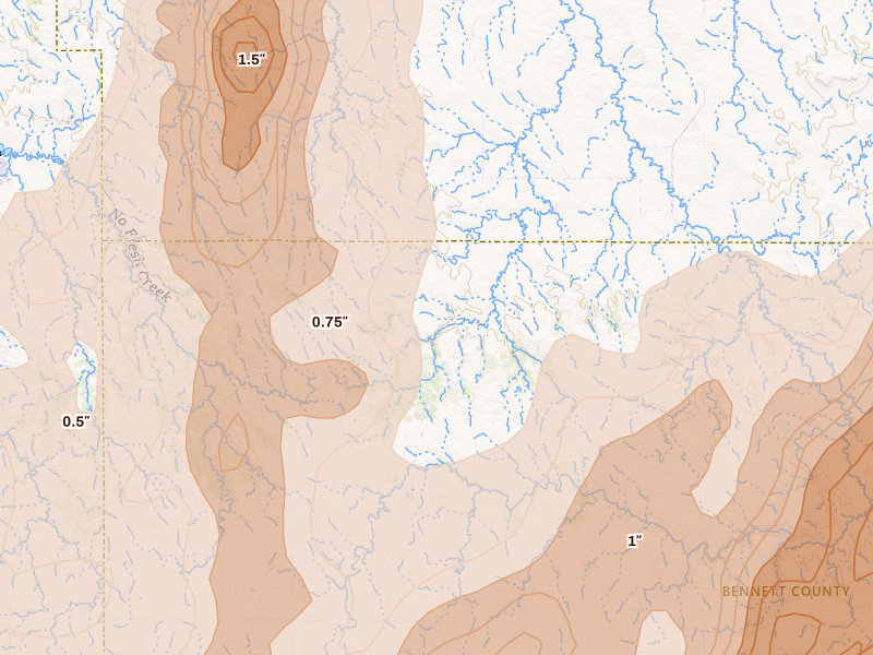 Radar-estimated hail-size map of the storm over Allen, SD on Jun 28, 2026