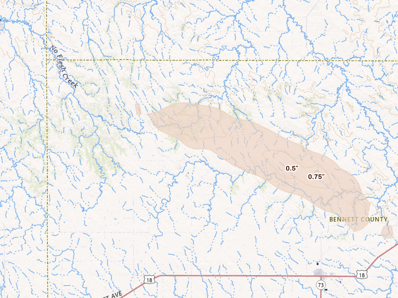 Radar-estimated hail-size map of the storm over Allen, SD on Aug 8, 2026