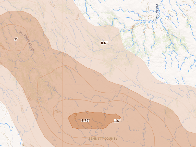 Radar-estimated hail-size map of the storm over Allen, SD on Aug 17, 2026