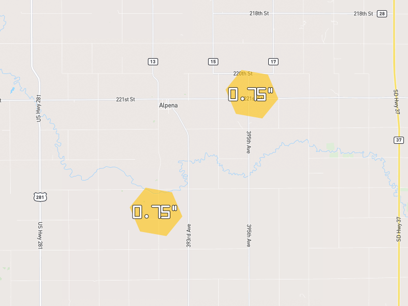 Hail map of Alpena, SD on Jun 4, 2026, hail up to 0.75"
