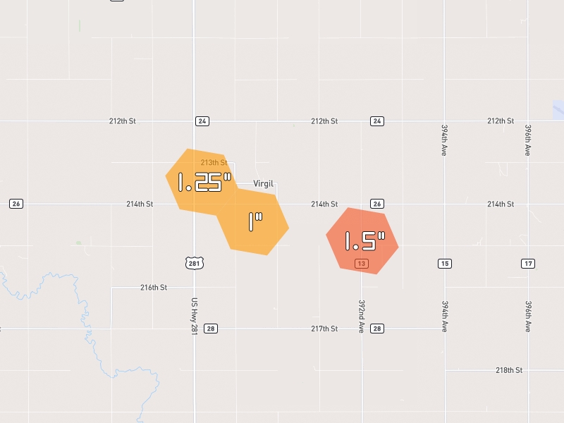 Hail map of Alpena, SD on Jun 5, 2026, hail up to 1.5"