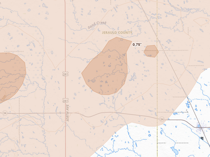 Radar-estimated hail-size map of the storm over Alpena, SD on Jul 2, 2026
