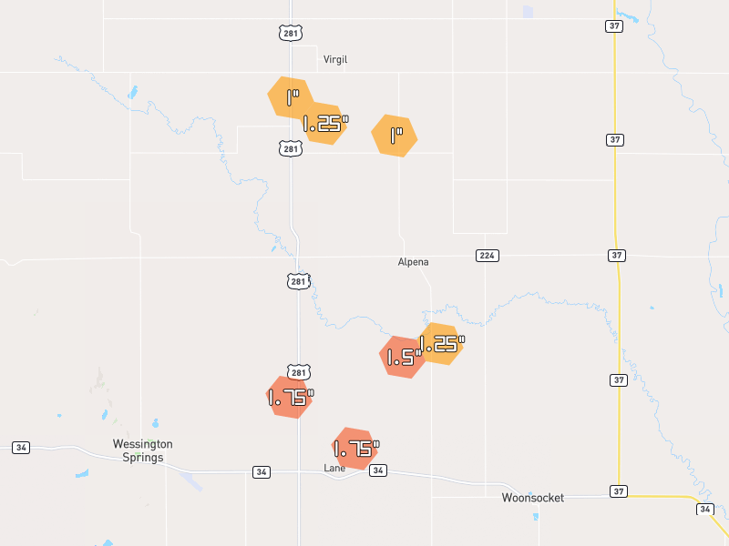 Hail map of Alpena, SD on Jul 2, 2026, hail up to 1.75"