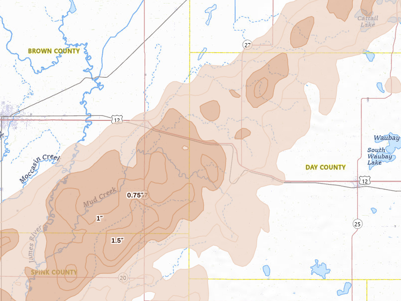 Radar-estimated hail-size map of the storm over Andover, SD on Jun 29, 2026