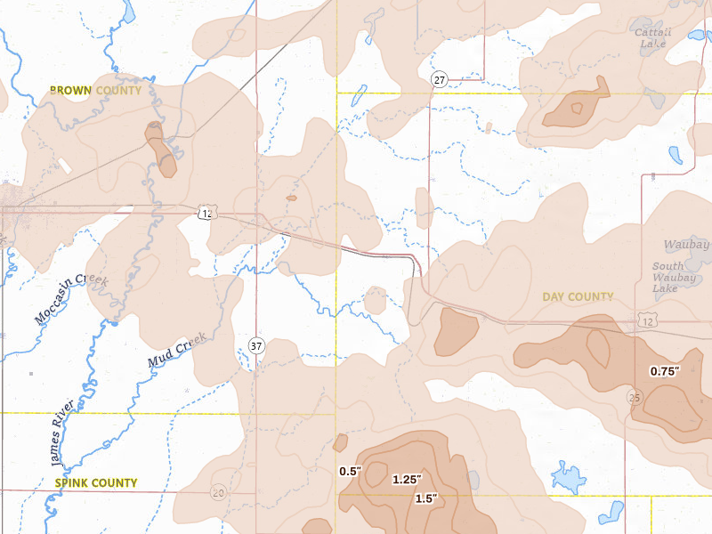 Radar-estimated hail-size map of the storm over Andover, SD on Jul 7, 2026