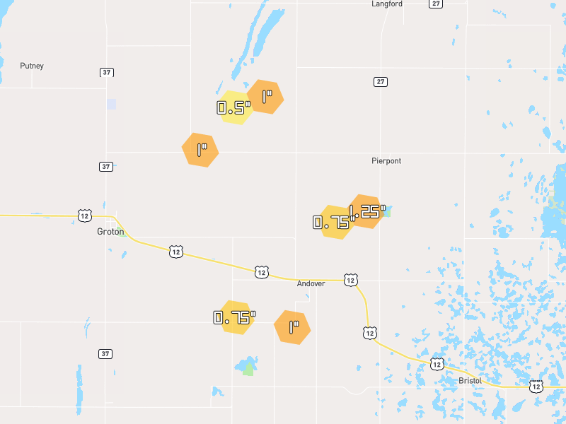 Hail map of Andover, SD on Jul 8, 2026, hail up to 1.25"