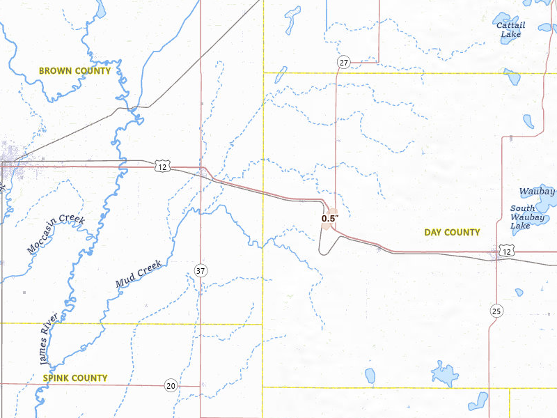 Radar-estimated hail-size map of the storm over Andover, SD on Jul 11, 2026