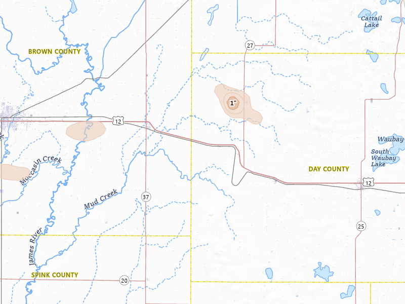 Radar-estimated hail-size map of the storm over Andover, SD on Jul 25, 2026