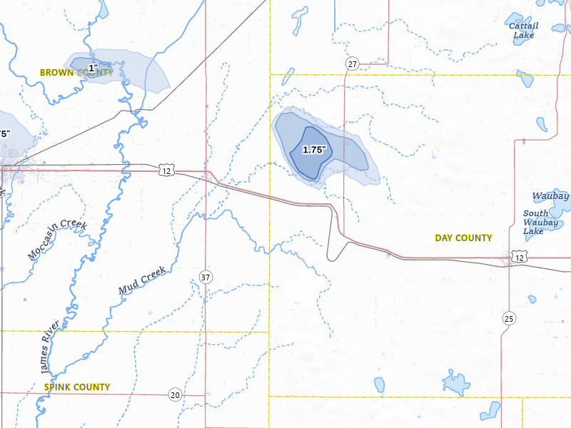 NEXRAD radar-signature map of the hail storm over Andover, SD on Jul 25, 2026