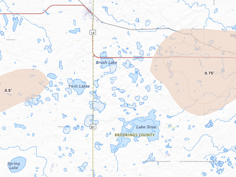 Radar-estimated hail-size map of the storm over Arlington, SD on Jun 4, 2026