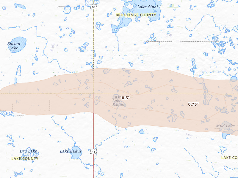 Radar-estimated hail-size map of the storm over Arlington, SD on Sep 2, 2026