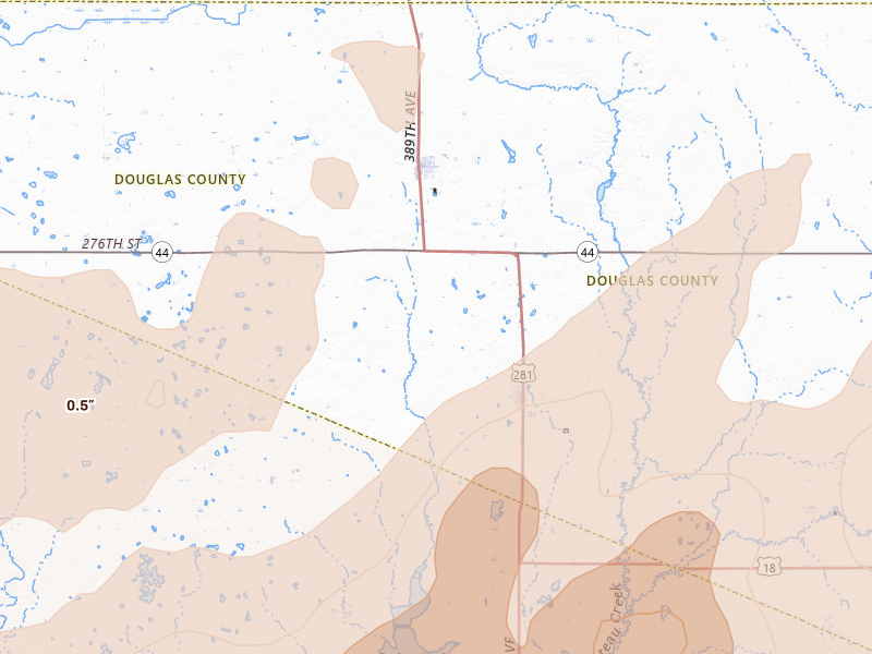 Radar-estimated hail-size map of the storm over Armour, SD on Jun 27, 2026