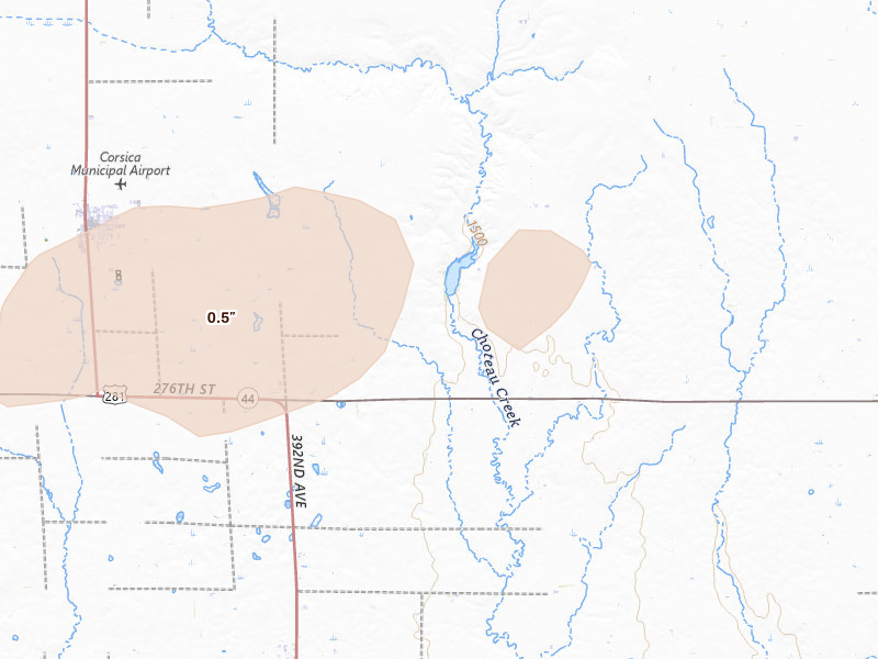 Radar-estimated hail-size map of the storm over Armour, SD on Aug 3, 2026