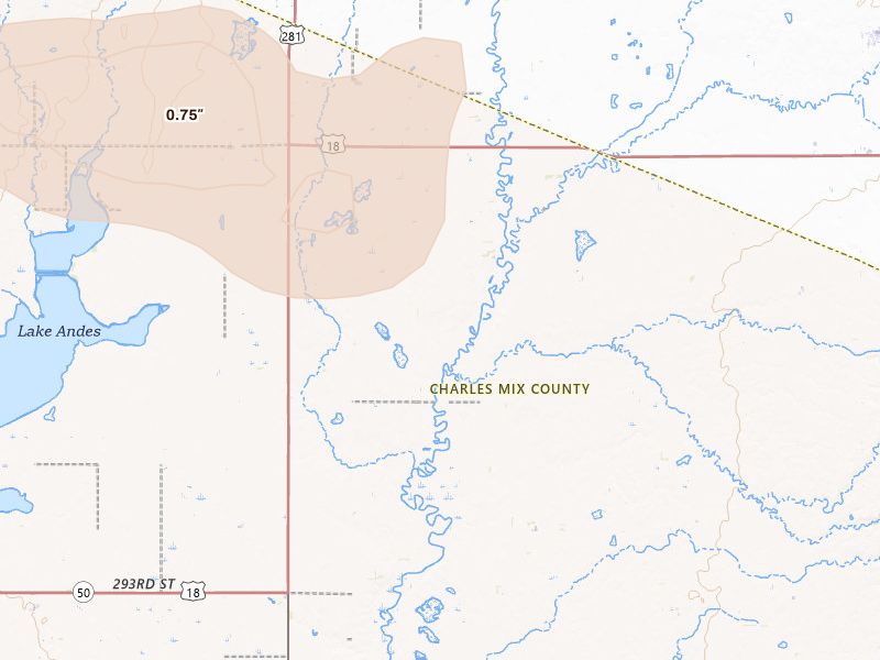 Radar-estimated hail-size map of the storm over Armour, SD on Aug 17, 2026