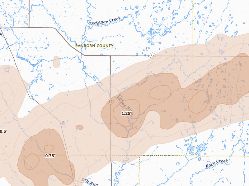 Radar-estimated hail-size map of the storm over Artesian, SD on Jul 2, 2026