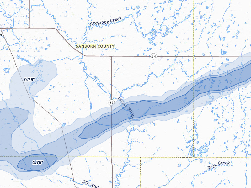 NEXRAD radar-signature map of the hail storm over Artesian, SD on Jul 2, 2026