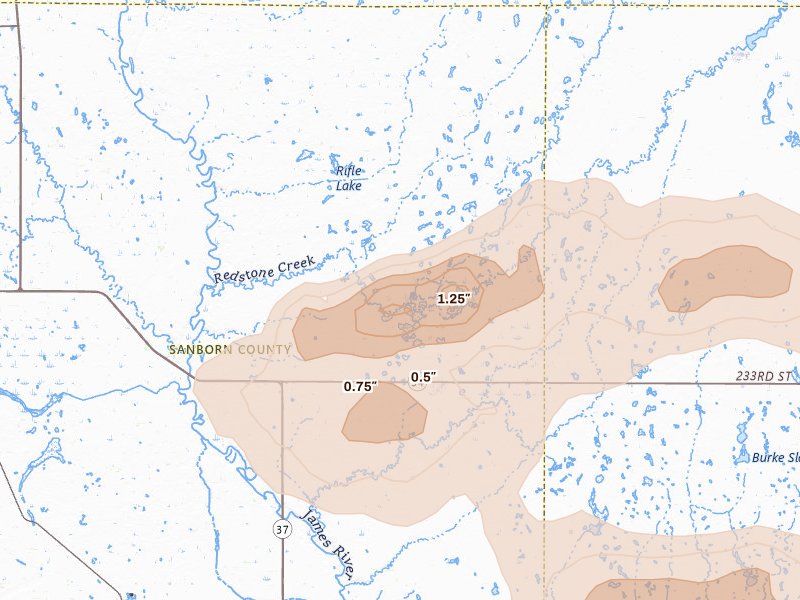 Radar-estimated hail-size map of the storm over Artesian, SD on Aug 6, 2026