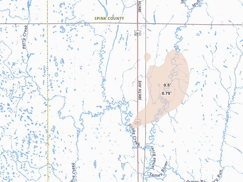 Radar-estimated hail-size map of the storm over Ashton, SD on Jun 9, 2026