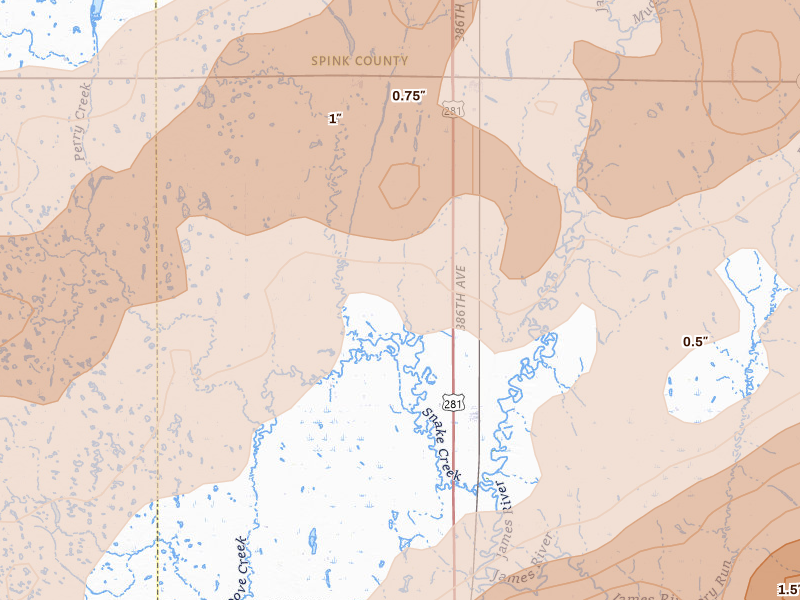 Radar-estimated hail-size map of the storm over Ashton, SD on Jun 29, 2026