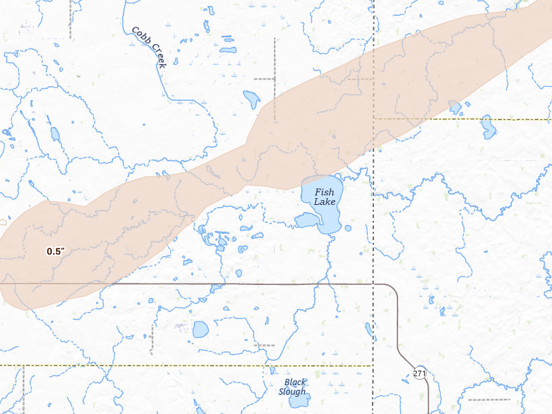 Radar-estimated hail-size map of the storm over Astoria, SD on Jun 4, 2026