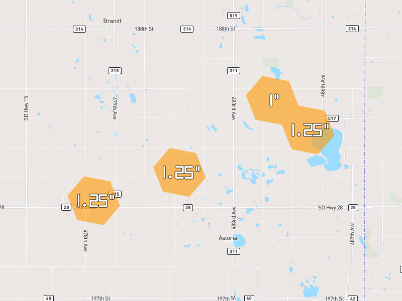 Hail map of Astoria, SD on Jun 4, 2026, hail up to 1.25"