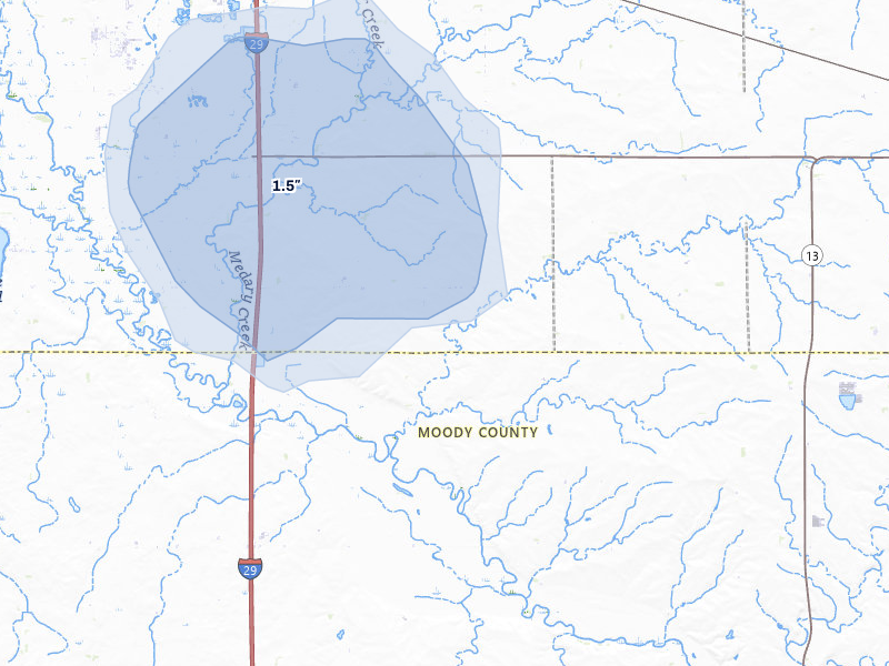 NEXRAD radar-signature map of the hail over Aurora, SD