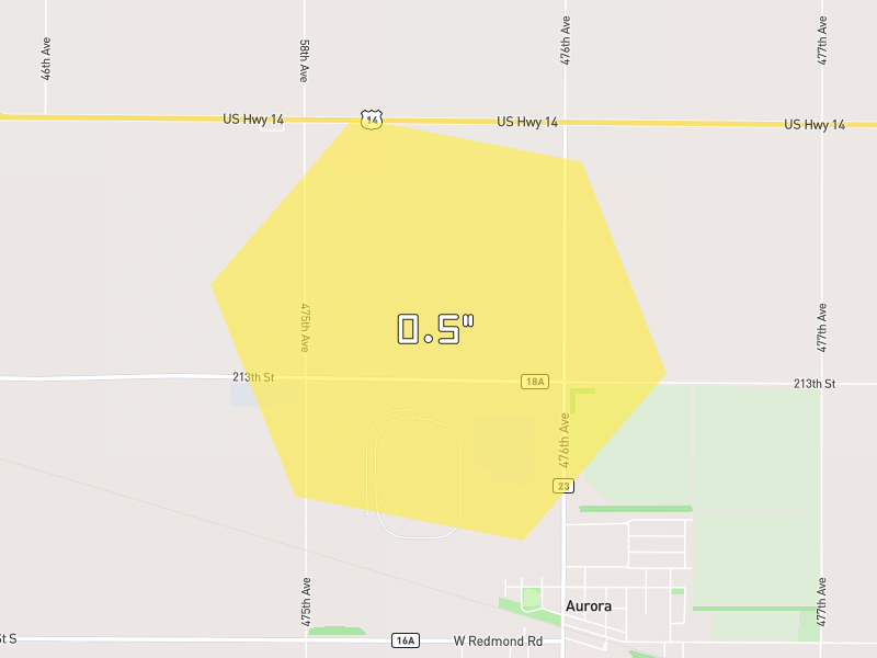 Hail map of Aurora, SD on Jun 28, 2026, hail up to 0.5"
