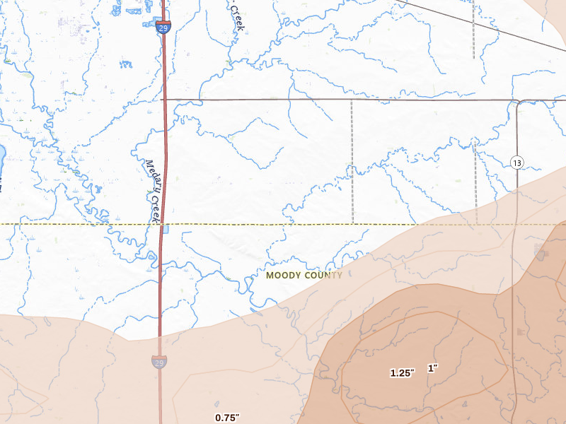 Radar-estimated hail-size map of the storm over Aurora, SD on Jul 2, 2026
