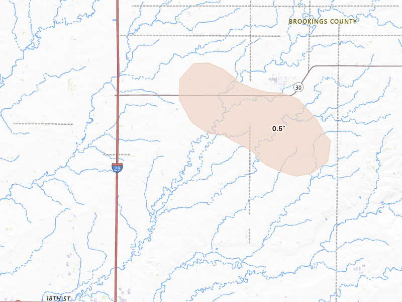 Radar-estimated hail-size map of the storm over Aurora, SD on Jul 25, 2026