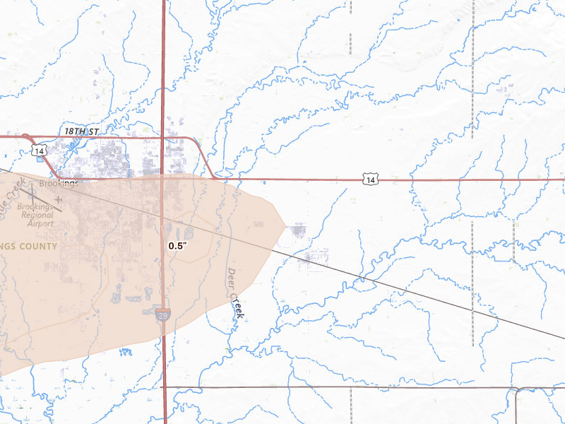 Radar-estimated hail-size map of the storm over Aurora, SD on Aug 6, 2026