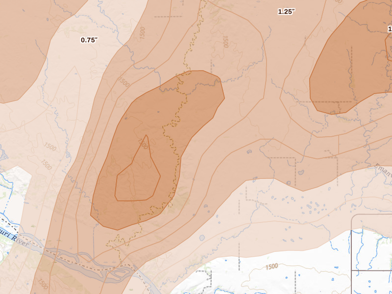 Radar-estimated hail-size map of the storm over Avon, SD on May 17, 2026