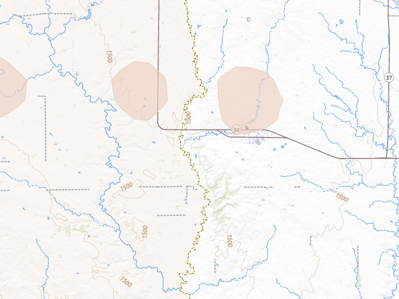 Radar-estimated hail-size map of the storm over Avon, SD on Aug 3, 2026