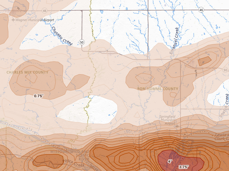 Radar-estimated hail-size map of the storm over Avon, SD on Sep 1, 2026