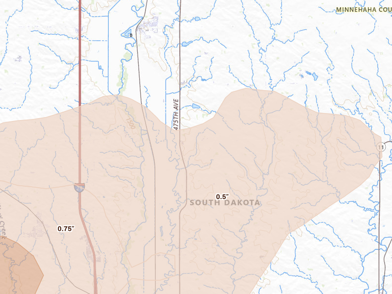 Radar-estimated hail-size map of the storm over Baltic, SD on Jul 2, 2026
