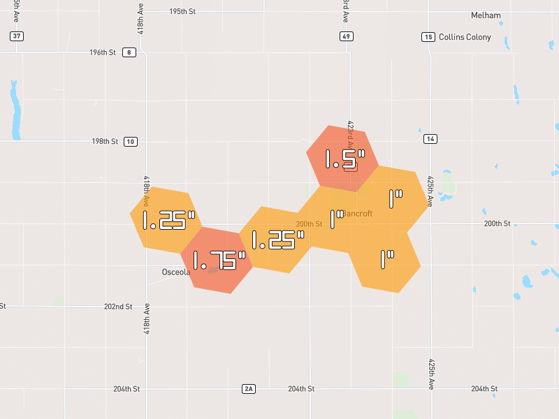 Hail map of Bancroft, SD on Jun 4, 2026, hail up to 1.75"
