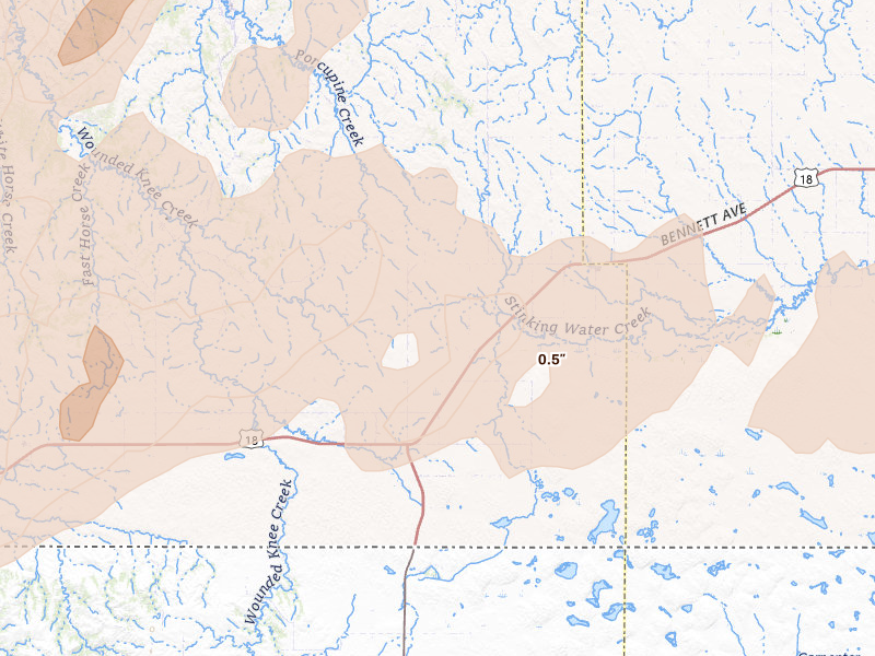 Radar-estimated hail-size map of the storm over Batesland, SD on Jun 2, 2026