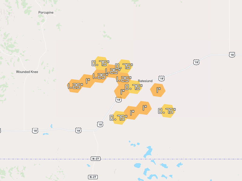 Hail map of Batesland, SD on Jun 3, 2026, hail up to 1.25"