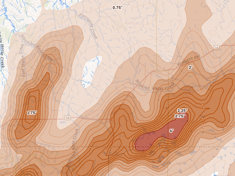 Radar-estimated hail-size map of the storm over Batesland, SD on Jun 28, 2026