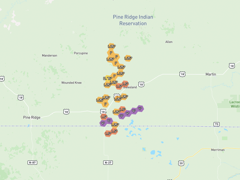 Hail map of Batesland, SD on Jun 29, 2026, hail up to 4"