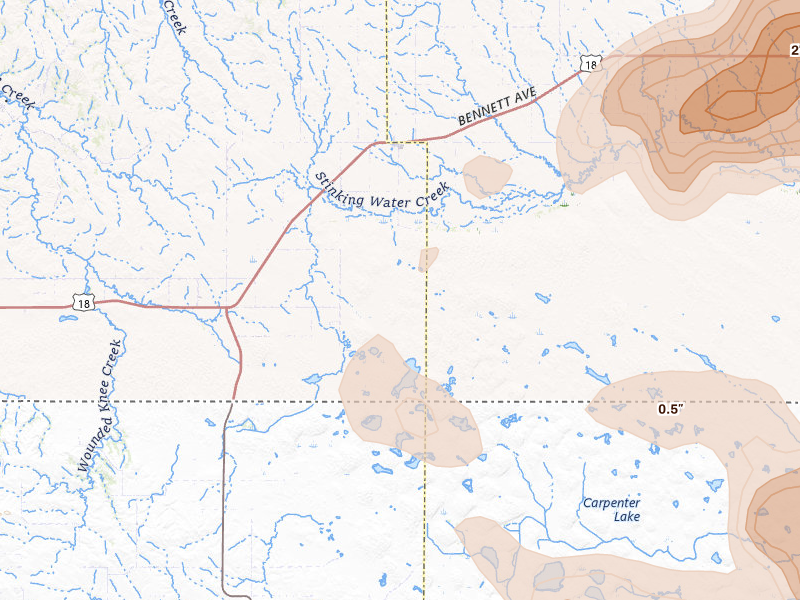 Radar-estimated hail-size map of the storm over Batesland, SD on Aug 24, 2026