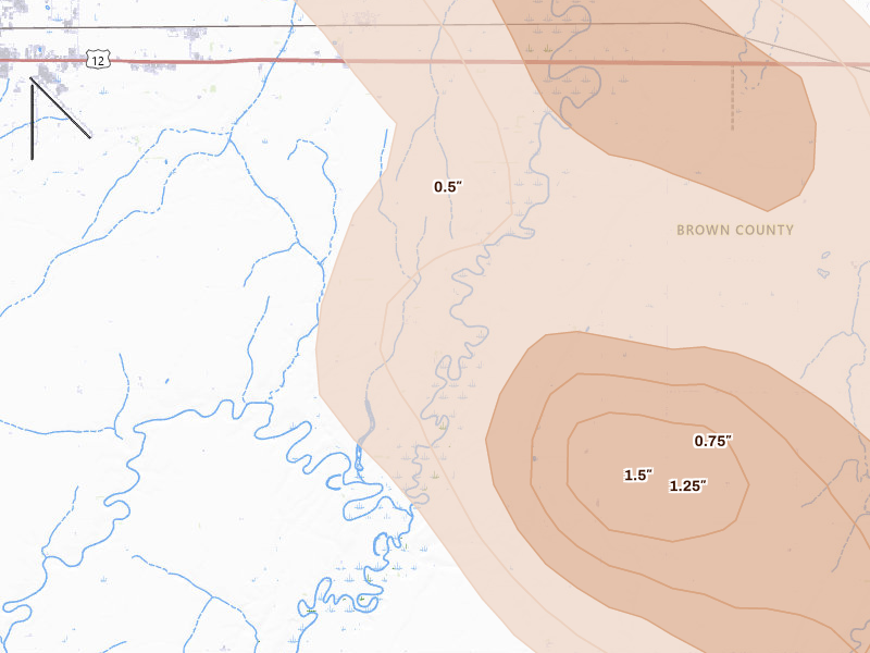 Radar-estimated hail-size map of the storm over Bath, SD on Jul 24, 2026