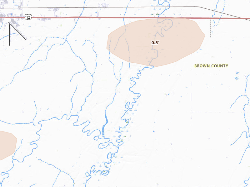 Radar-estimated hail-size map of the storm over Bath, SD on Jul 25, 2026