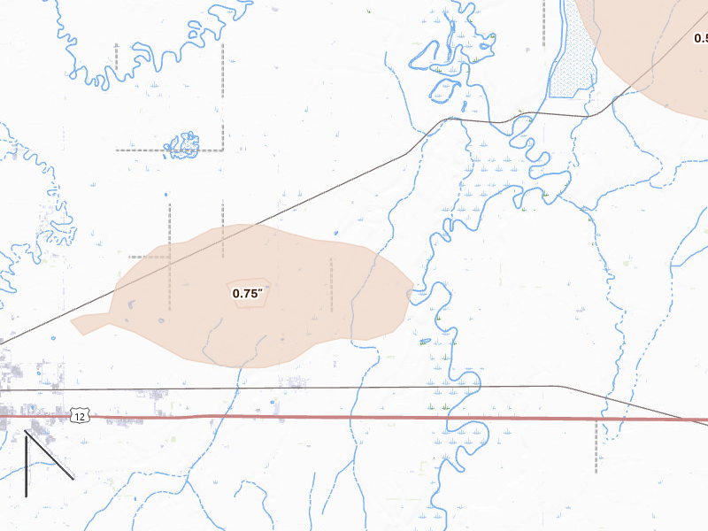 Radar-estimated hail-size map of the storm over Bath, SD on Aug 24, 2026