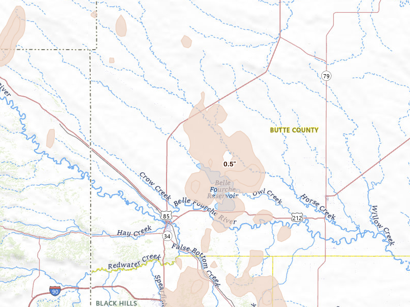 Radar-estimated hail-size map of the storm over Belle Fourche, SD on May 30, 2026