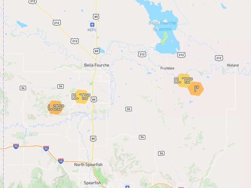 Hail map of Belle Fourche, SD on Jun 3, 2026, hail up to 1.25"